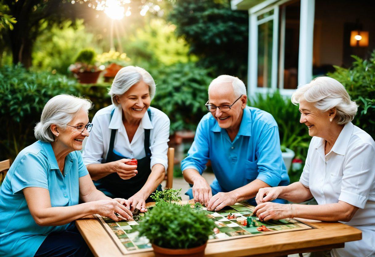 A warm and inviting scene featuring older adults engaging in various activities together, such as gardening, cooking, and playing board games, highlighting joy and companionship. The background showcases lush greenery and a cozy home setting, radiating a sense of community and connection. The adults are depicted with genuine smiles and laughter, embodying passionate relationships. soft focus. vibrant colors. natural lighting.