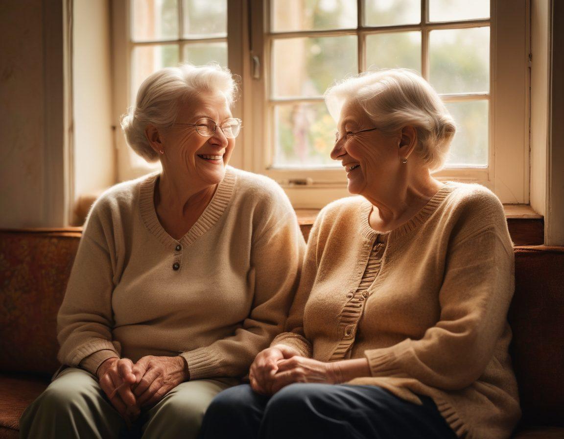 A serene scene depicting two senior individuals sitting closely in a cozy, warmly lit environment, sharing laughter and meaningful glances. Elements of nature peek through an open window, symbolizing growth and connection. Subtle hints of intimacy, like intertwined hands and soft smiles, convey attraction and companionship. The background should evoke a sense of warmth and comfort, representing later life romance. soft painting style. warm tones.