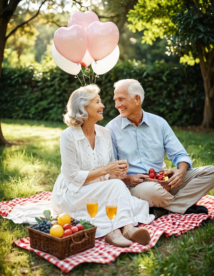 A serene outdoor setting featuring an older couple sharing a picnic, surrounded by lush greenery and soft sunlight filtering through the trees. They're laughing and gazing into each other's eyes, showcasing warmth and connection. Include elements of romance, like heart-shaped balloons and a vintage picnic blanket. The scene should evoke nostalgia and tenderness, with a soft focus background for emphasis on the couple. super-realistic. warm tones. soft focus.